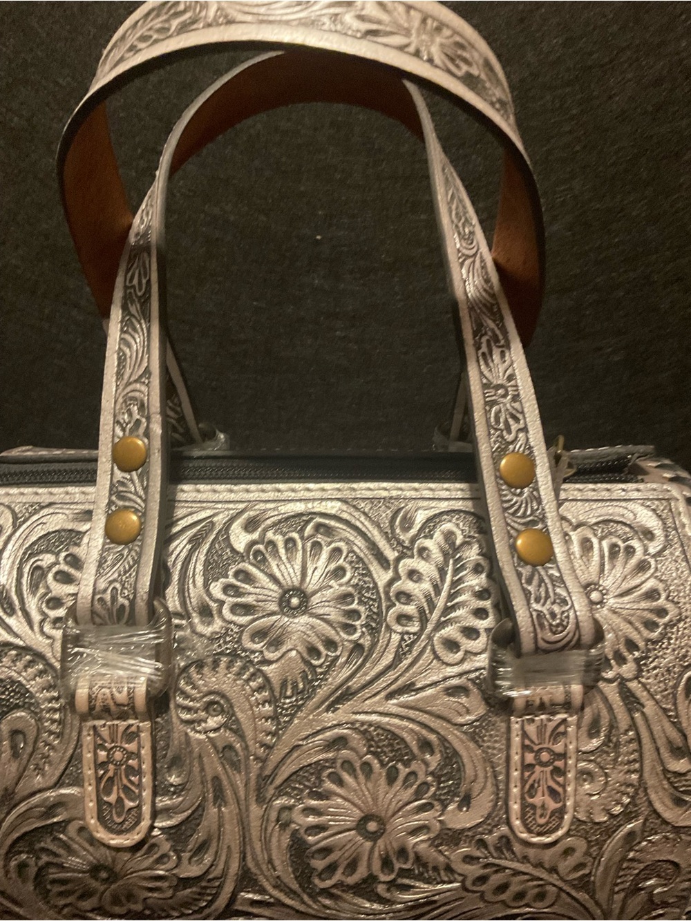 Silver Small Tooled Western Floral Leather Speedy w/adjustable detachable strap - Picture 3 of 9
